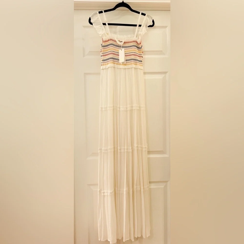 NWT Tory Burch Smocked Rainbow White Maxi Dress sz XS